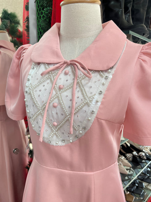 ORANGE JUICE Peter Pan Collar Puff Sleeves Mid Length Dress